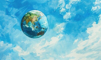 Watercolor painting of a small Earth globe floating amidst clouds in a blue sky