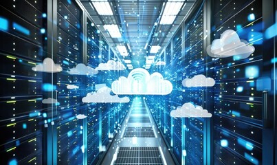 Obraz premium Cloud computing background with server racks and digital data streams