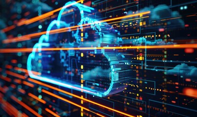 Fototapeta premium Cloud computing background with server racks and digital data streams