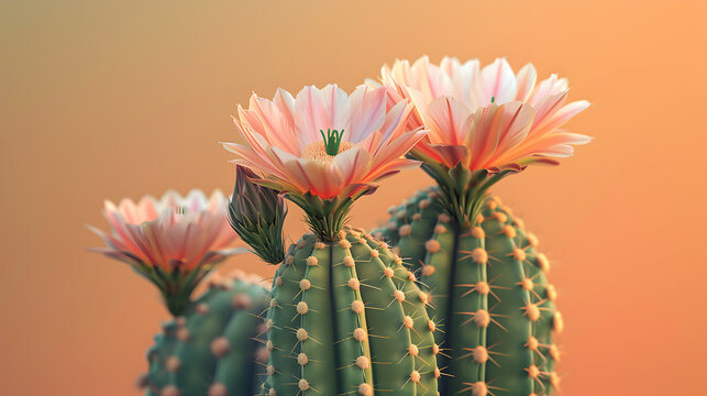 Three cactus flowers with green leaves are in a row