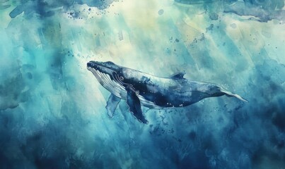 A peaceful watercolor painting of a whale diving into the depths of the ocean - obrazy, fototapety, plakaty