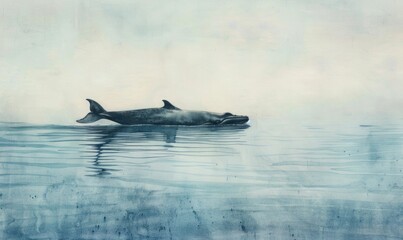 Fototapeta premium A serene watercolor painting featuring a solitary whale gracefully gliding through calm ocean waters