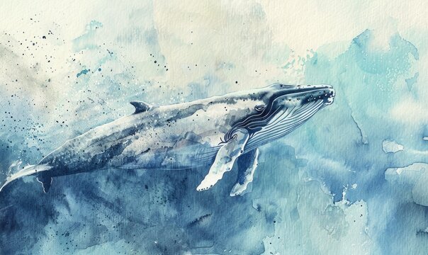 A peaceful watercolor painting of a whale diving into the depths of the ocean