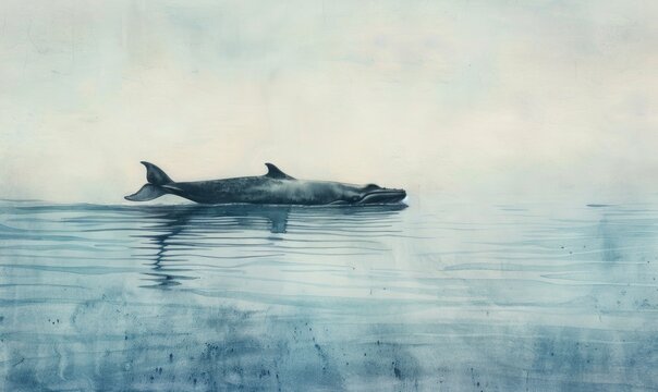 A serene watercolor painting featuring a solitary whale gracefully gliding through calm ocean waters
