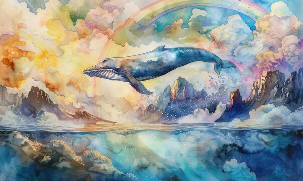 A watercolor artwork portraying a surreal scene of a whale leaping over a rainbow in a dreamlike setting