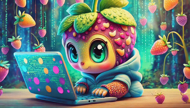 oil painting style Close up of baby strawberry cartoon character hacker hands using laptop with creative binary coding