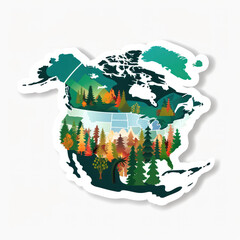 Stylized sticker map of North America showcasing diverse landscapes