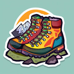 Colorful illustrated sticker of a hiking boot with mountain and sun details in the background, against a teal backdrop.