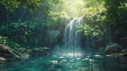 serenity of a secluded waterfall hidden deep within a forest - obrazy, fototapety, plakaty