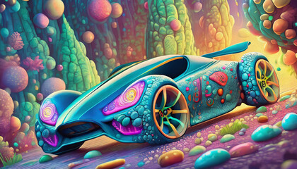oil painting style Sports concept car in color background with neon lights.