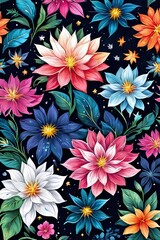 Vibrant, intricate floral design set against dark background, creating visually appealing contrast between colorful flowers, dark backdrop. For website design, advertising, greeting cards, magazines.
