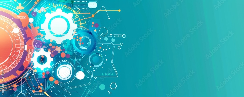 Wall mural banner design with a white circle and colorful gears on a blue background digital technology circuit