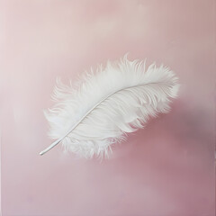 A white feather is depicted on a pink background. The feather is the main focus of the image, and it is floating or resting on the surface. The pink background adds a soft