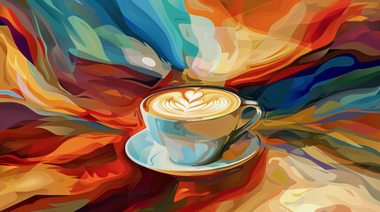 Cup of coffee with latte art. Bright paints mix and spread, colorful background, art style