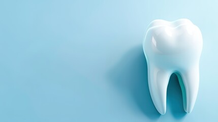 various dentist tools for dental care and white healthy tooth on a blue background. Dental background with copy space. prosthetics