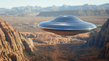 Silver Metallic UFO UAP hovering over a Panoramic Desert Landscape Arizona 