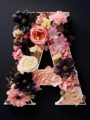 Letter A made of real natural flowers and leaves, on a black background. Spring, summer and valentines creative idea