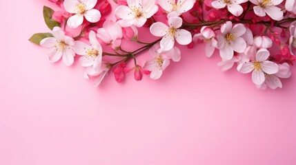 pink background or texture with spring flowers. frame, place for text. template, greeting card for Mother's Day, March 8