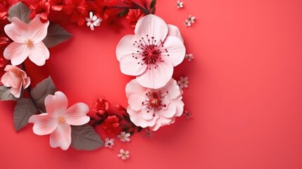 red background or texture with spring flowers. frame, place for text. template, greeting card for Mother's Day, March 8