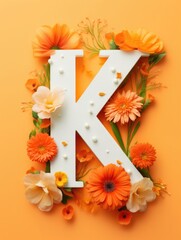 Letter K made of real natural flowers and leaves, on a orange background. Spring, summer and valentines creative idea