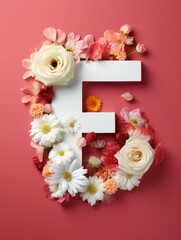 Letter F made of real natural flowers and leaves, on a pink, red background. Spring, summer and valentines creative idea.