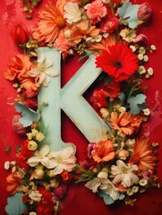Letter K made of real natural flowers and leaves, on a red background. Spring, summer and valentines creative idea.