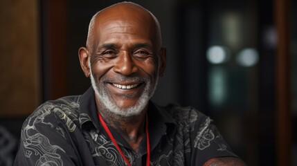 Obraz premium adult, old African American man with gray hair and tattoo smiling. drawing on the skin. average age. self-expression