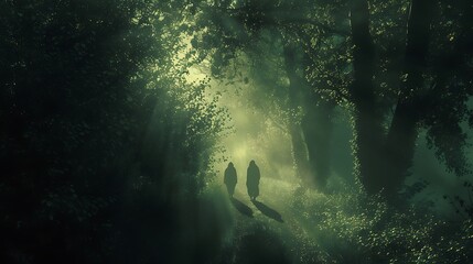 Shadowy figures glimpsed among the trees along a darkened path