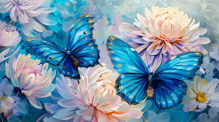 Fototapeta na wymiar blue tropical butterflies on chrysanthemum flowers painted with oil paints. Generative Ai