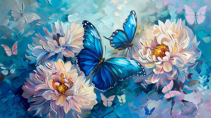 blue tropical butterflies on chrysanthemum flowers painted with oil paints. Generative Ai - obrazy, fototapety, plakaty