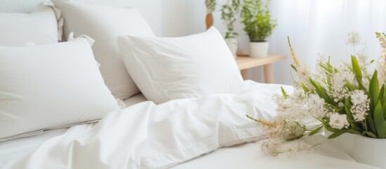 White fluffy pillows and a delicate vase filled with colorful flowers placed on top of a cozy bed