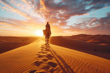 Desert illuminated by the setting sun, man riding a camel - obrazy, fototapety, plakaty