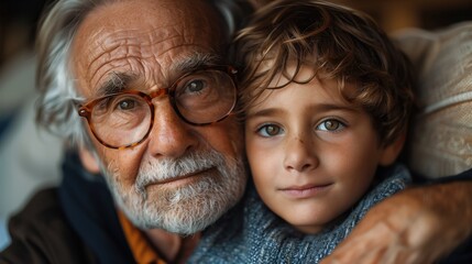 An elderly man with glasses is smiling while hugging a young boy