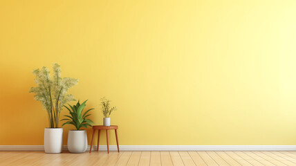 An empty yellow wall for copy space in minimalistic interior room, a vibrant and welcoming atmosphere. Three potted plants, carefully placed on the floor and a wooden stool, add natural beauty