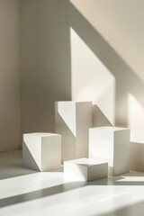 Elegant modern geometric style of showcase for cosmetics product display - white square podiums in sunlight with shadow in white background, vertical