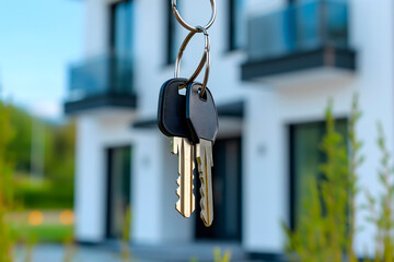 Close-up of the keys against the background of a defocused modern house,the concept of real estate investment,home mortgage,purchase and construction of housing,mortgage loan