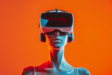 Female dummy with VR goggles placed against bright orange background as symbol of futuristic technology