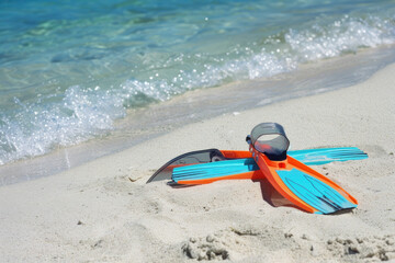 Snorkeling Gear on Sunny Beach with Clear Waters