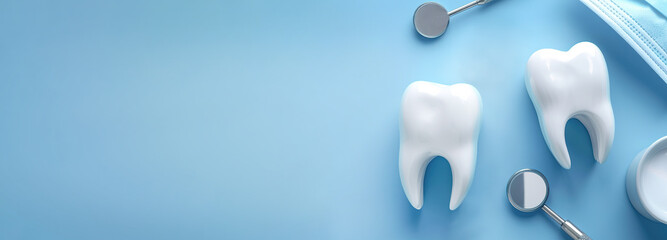 various dentist tools for dental care and white healthy tooth on a blue background. Dental background with copy space. prosthetics - obrazy, fototapety, plakaty