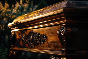 Ornate Wooden Coffin with Carvings in Dim Light