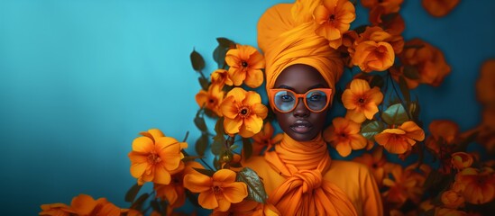 portrait of african woman in orange dress and glasses, surrounded by orange flowers, calypso color background - obrazy, fototapety, plakaty