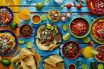 From above assorted traditional Mexican dishes and drinks placed on blue table near yellow wall