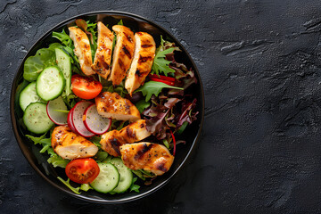 plate with healthy food. fried chicken fillet, salad and vegetables on a large plate. diet and proper nutrition