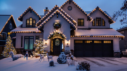 Fototapeta premium A cozy suburban home adorned with festive Christmas lights under a twilight sky, fresh snow blanketing the ground.
