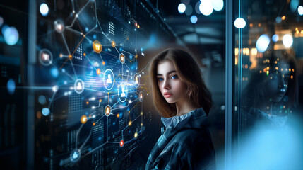 Title: "Tech Interaction"

Art Description: A young business woman (man) interacts with digital screens displaying AI-integrated business data.