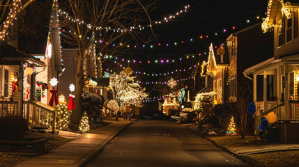 Fototapeta na wymiar Festive Holiday Decorations Lighting Up a Charming Residential Street at Night