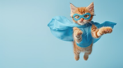 Flying orange superhero cat wearing mask and blue cape on light blue background with copy space