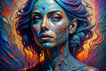 Fototapeta premium colorful portrait painting on canvas, serene faces, paint dripping technique, vibrant colors.