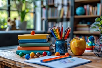 A meticulously organized stack of books with pencils, a glass jar, and a shiny apple on a wooden desk