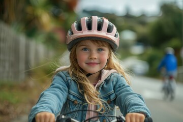 Fototapeta na wymiar Little girl smiling joyfully while riding her bicycle, wearing a pink helmet, autumn scenery